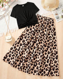 Tween Girls Twist Front T-Shirt & Leopard Print Maxi Skirt Set