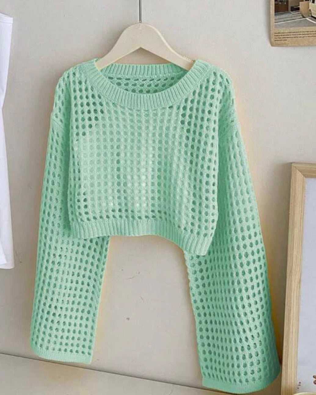 Tween Girls Mint Green Crew Neck Long Sleeve Hollow Knitwear