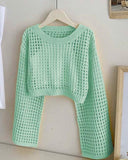 Tween Girls Mint Green Crew Neck Long Sleeve Hollow Knitwear