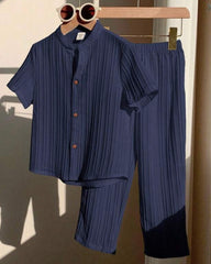 2PCS Boys Navy Blue Outfit Set – Textured Stand Collar Shirt & Trousers