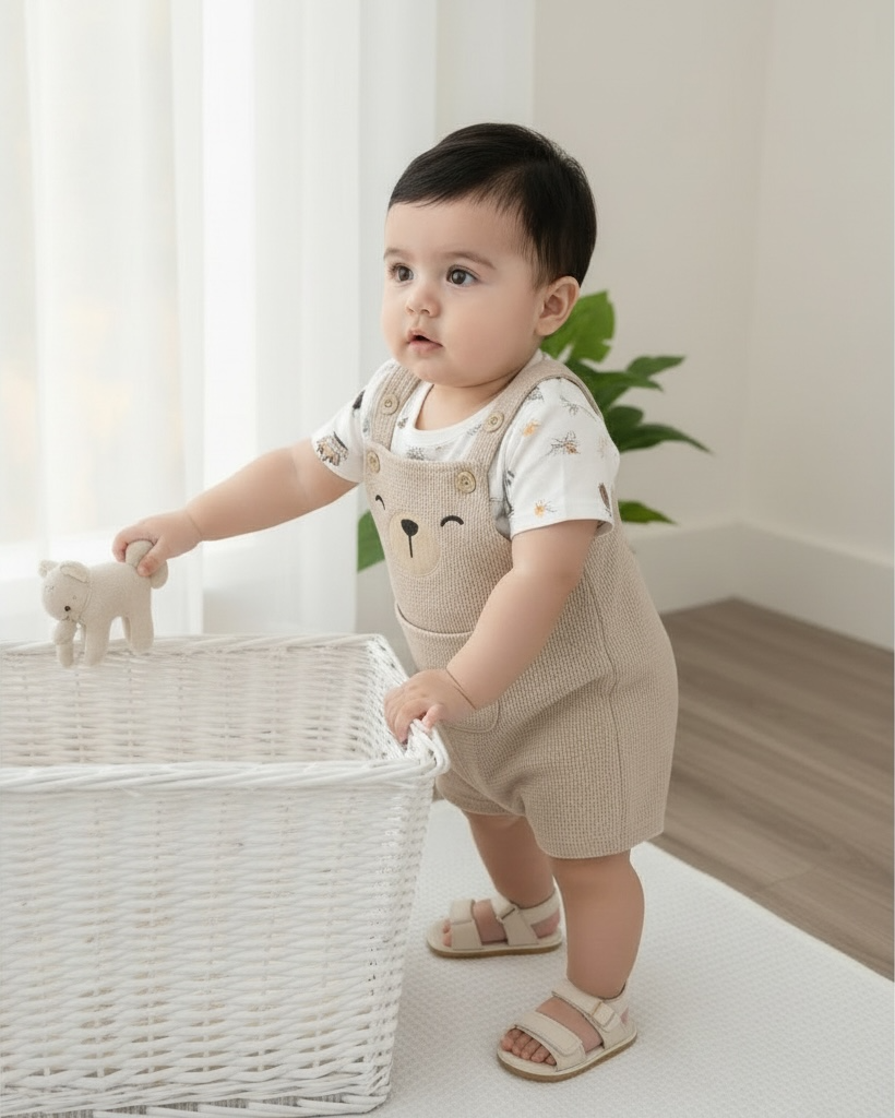 2pcs Baby Boy Cartoon Bear Knit Outfit – Short Sleeve Pullover & Bib Overalls Set