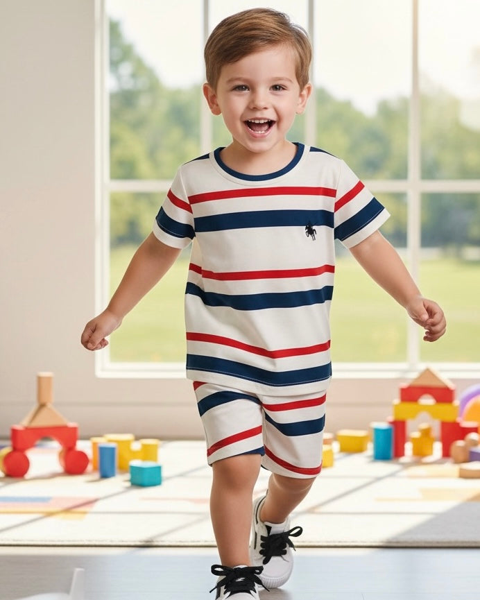 Baby Boys Contrast White and Red Stripe T-Shirt & Shorts Set – 2PCS Casual Summer Outfit