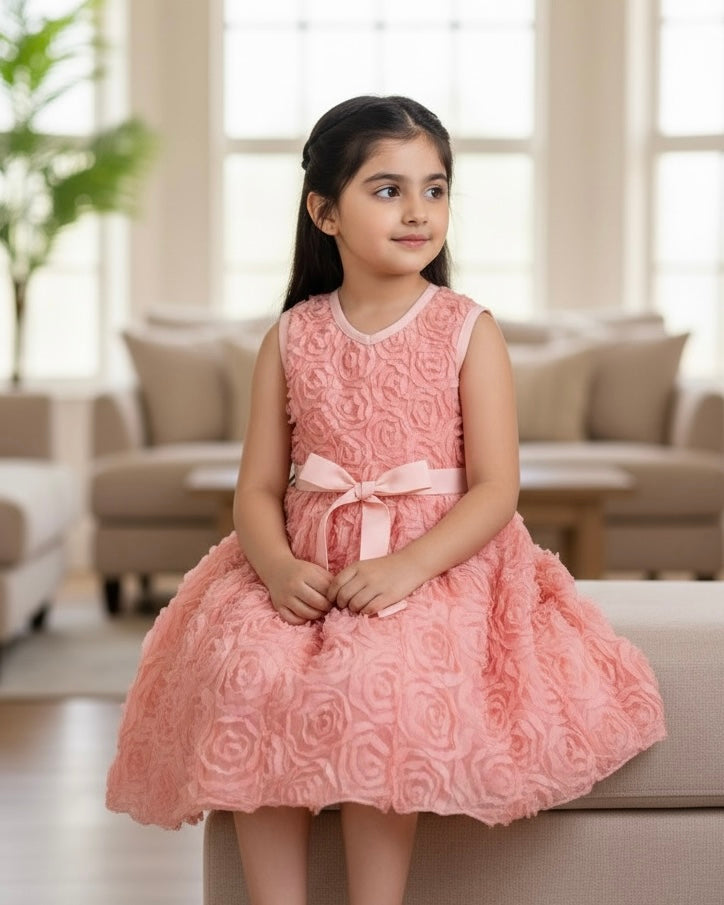 Pink 3D Rose Flower Waist-Cinching Princess Gown