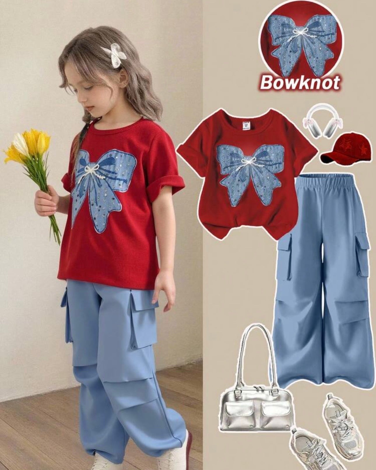 Tween Girls Blue Bow Graphic Red T-Shirt & Cargo Pants Set