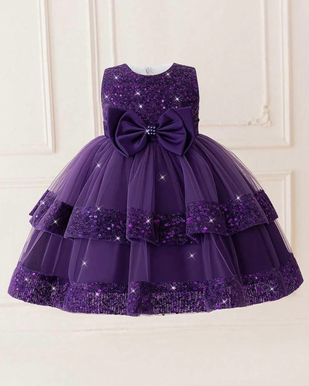 Young Girls Purple Elegant Sequin Bow Mesh Princess
