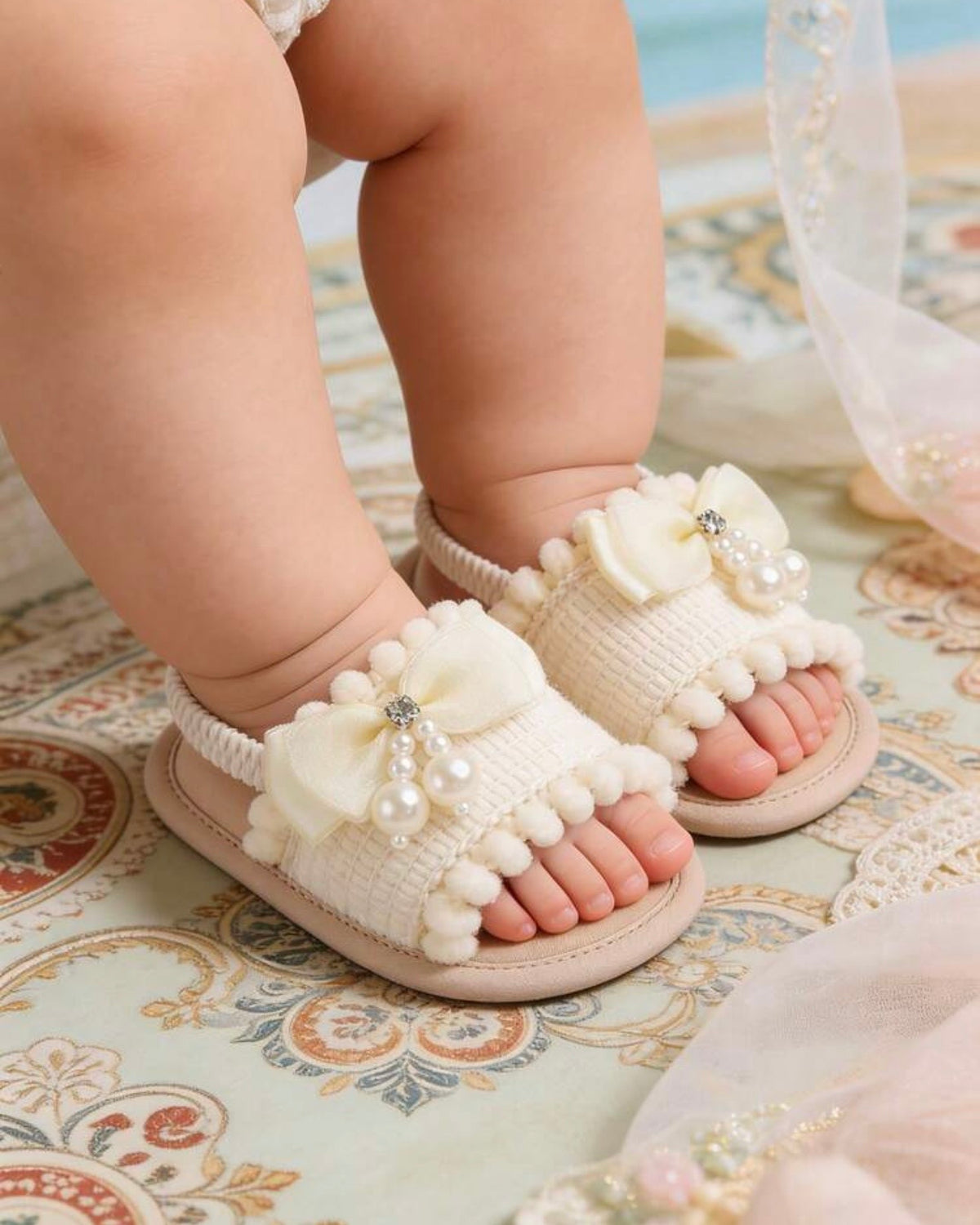 Girls’ Bow Buckle Canvas Sandals (Beige and Pink)