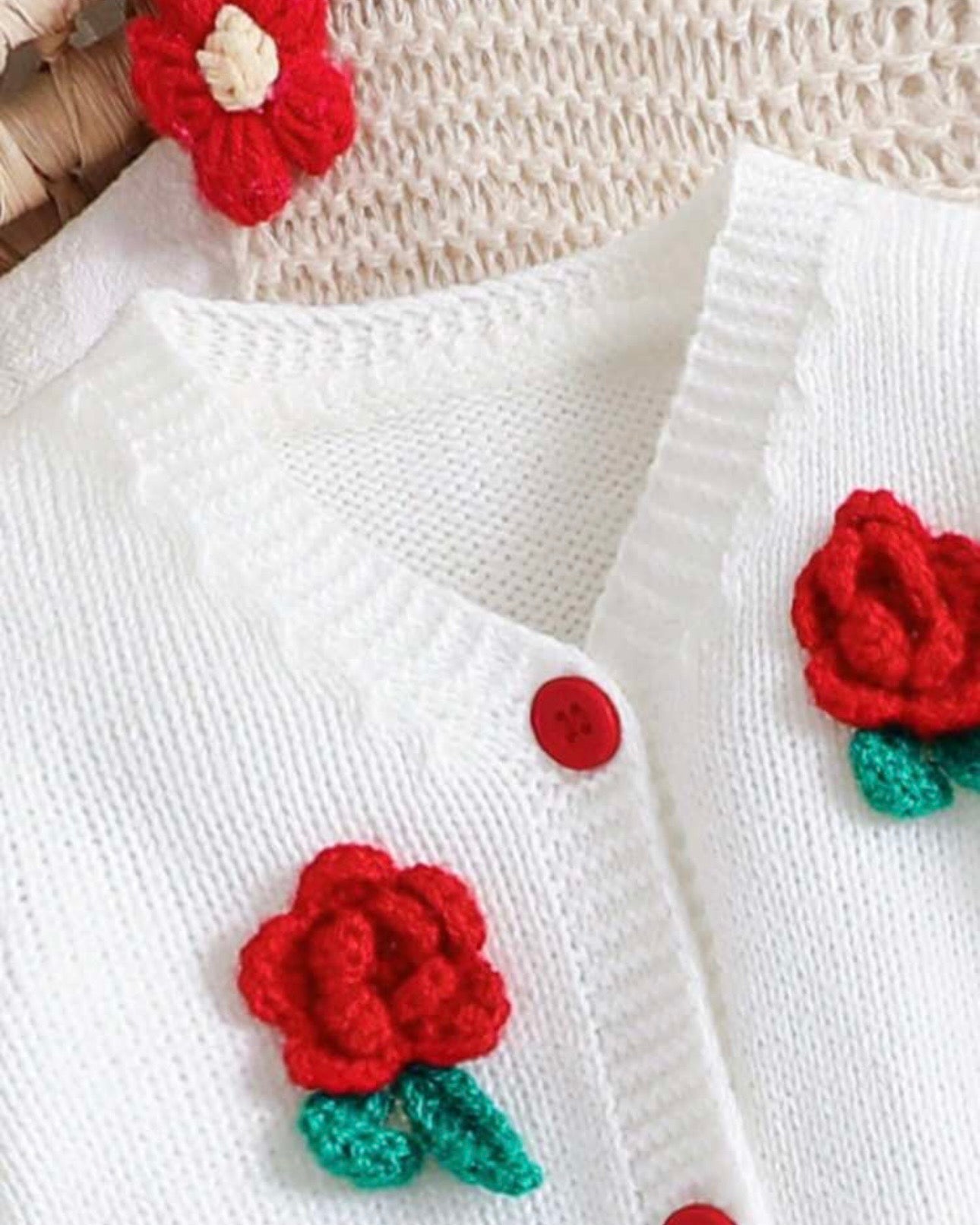 Newborn Baby Girl Red Floral Pattern Knitted Cardigan and Romper