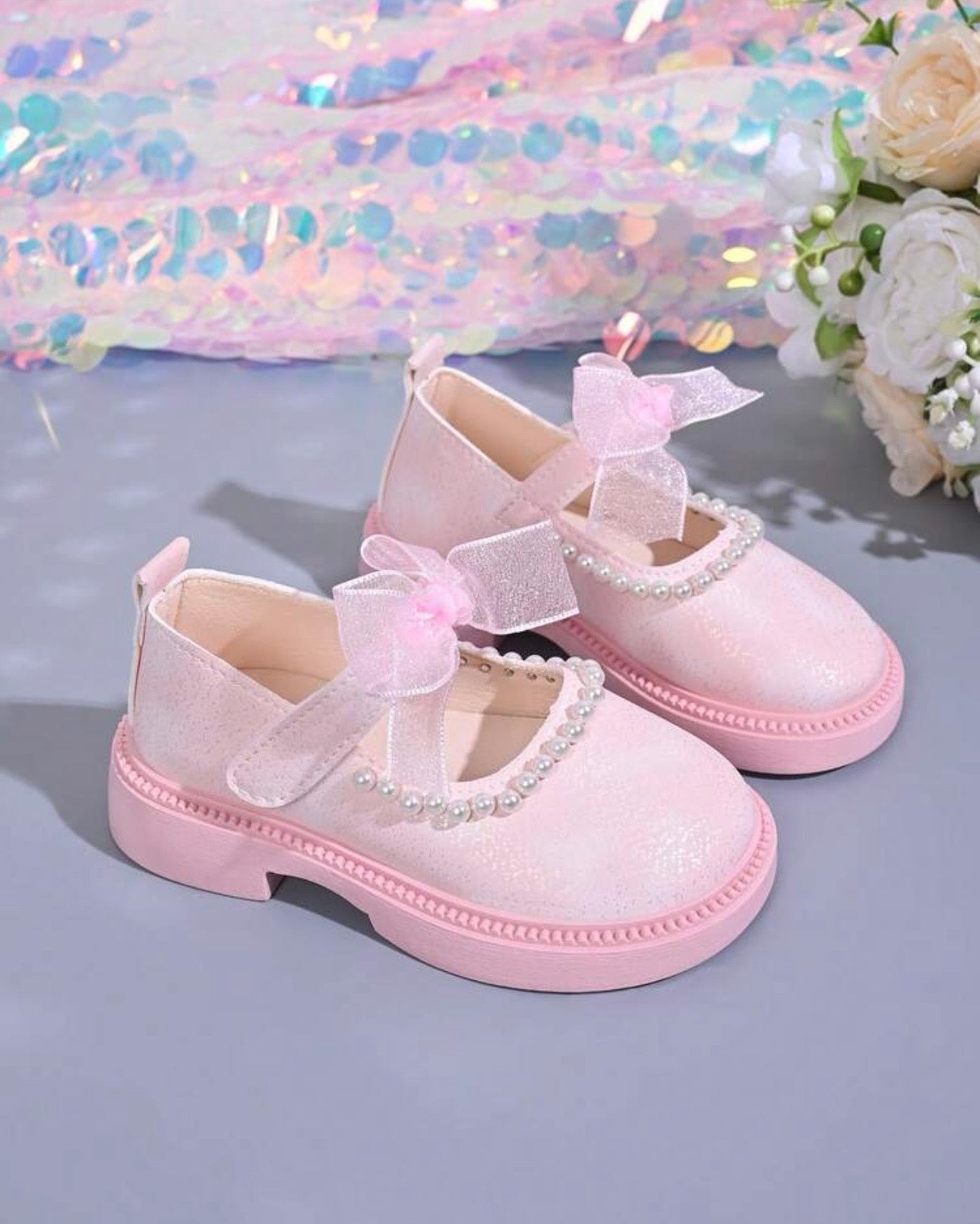 Girls’ Pink Elegant Pearl & Bow Flats