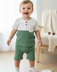 2pcs Round Neck Patchwork T-Shirt and  Green Shorts