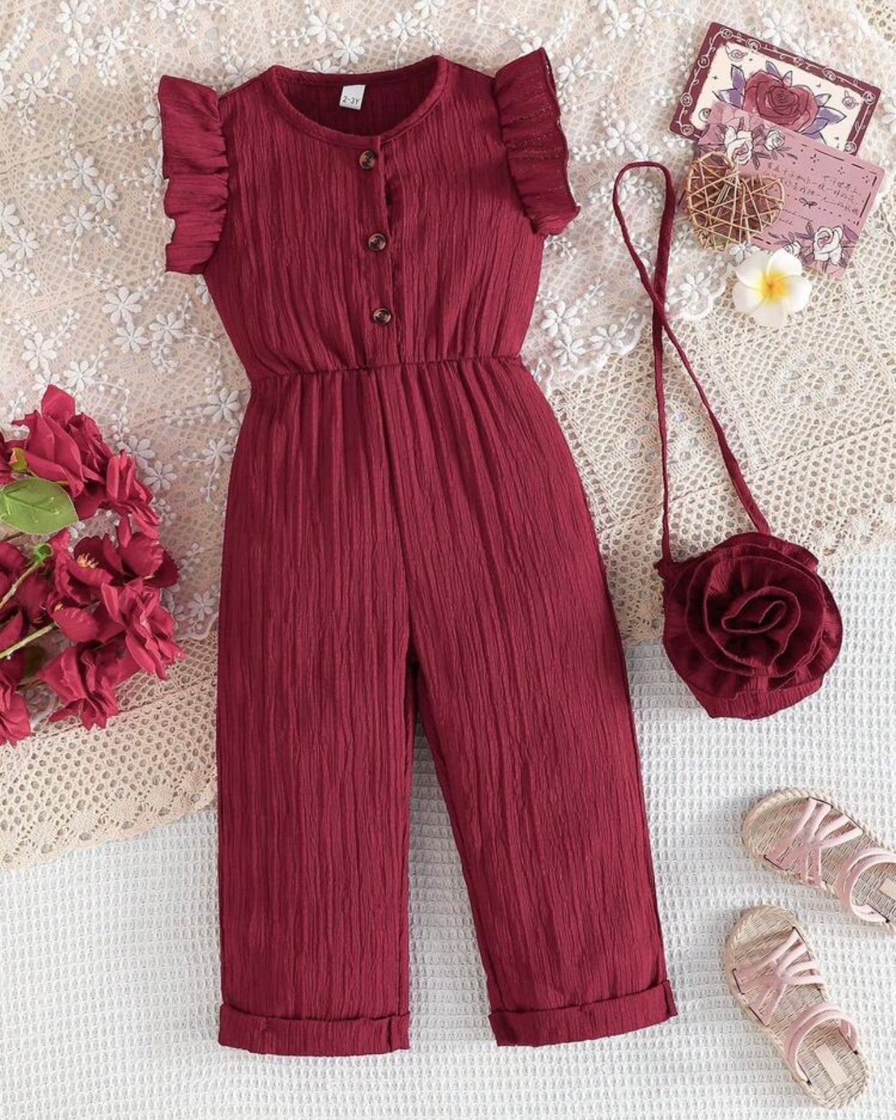 Kids Girls Burgundy Floral Romper Set with Crossbody Bag
