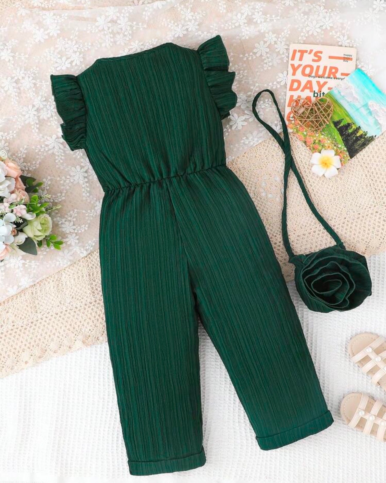 Kids Girls Green Floral Romper Set with Crossbody Bag