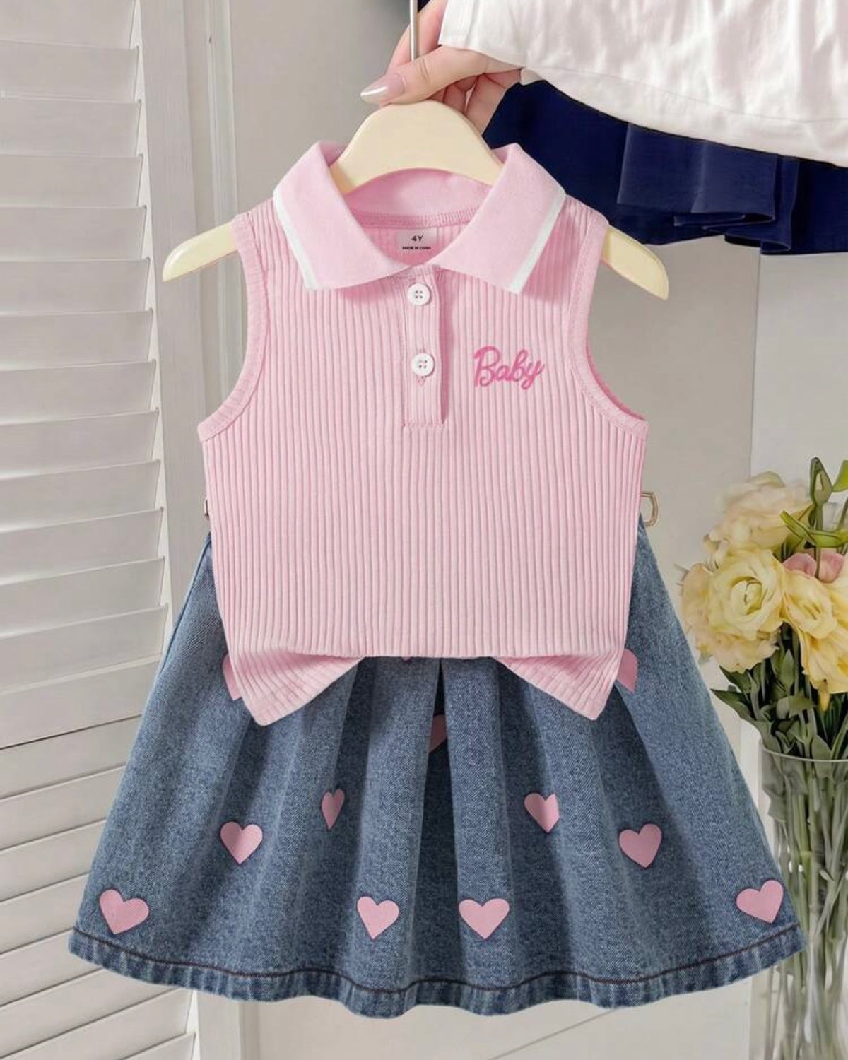 Girls’ Pink Polo Knit Top & Light Blue Heart Print Denim Skirt