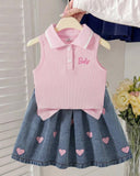Girls’ Pink Polo Knit Top & Light Blue Heart Print Denim Skirt