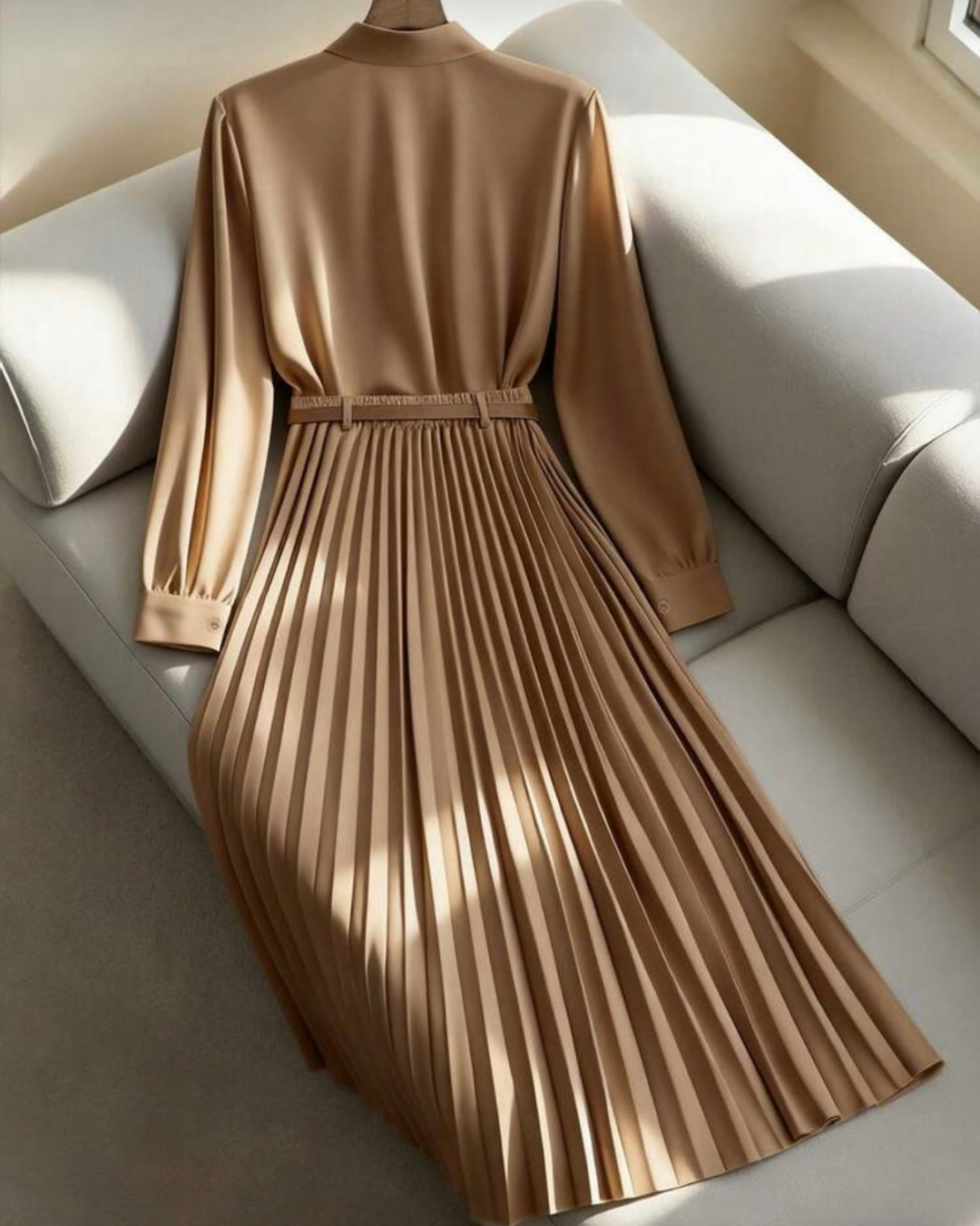 Solid Color Long Sleeve Shirt Paired With A-Line Skirt, Pleated Skirt Comes With Belt