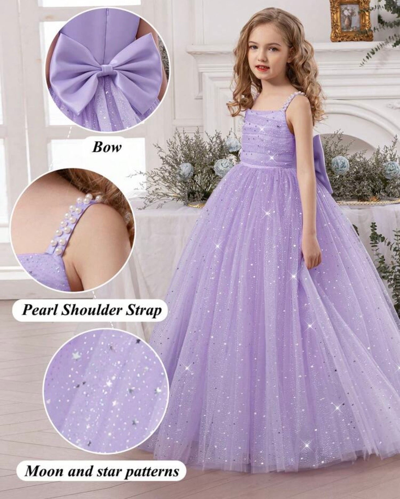 Girls Pearl Strap Star Mesh 3D Bow Lavender Princess Dress