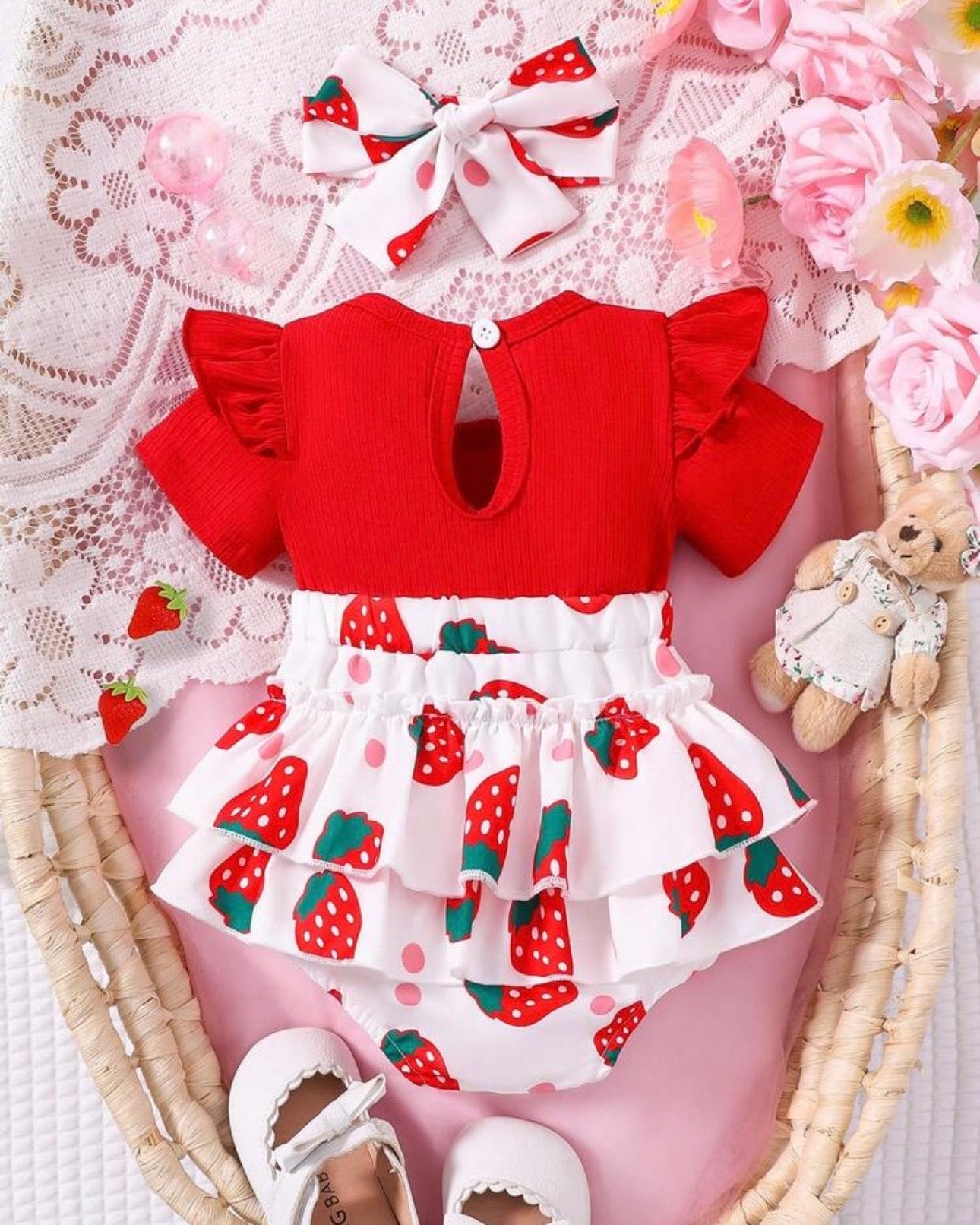 Baby Girls' Ruffle Sleeve Patchwork Cartoon Bear Bow Embroidered Dress + Headband