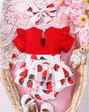 Baby Girls' Ruffle Sleeve Patchwork Cartoon Bear Bow Embroidered Dress + Headband