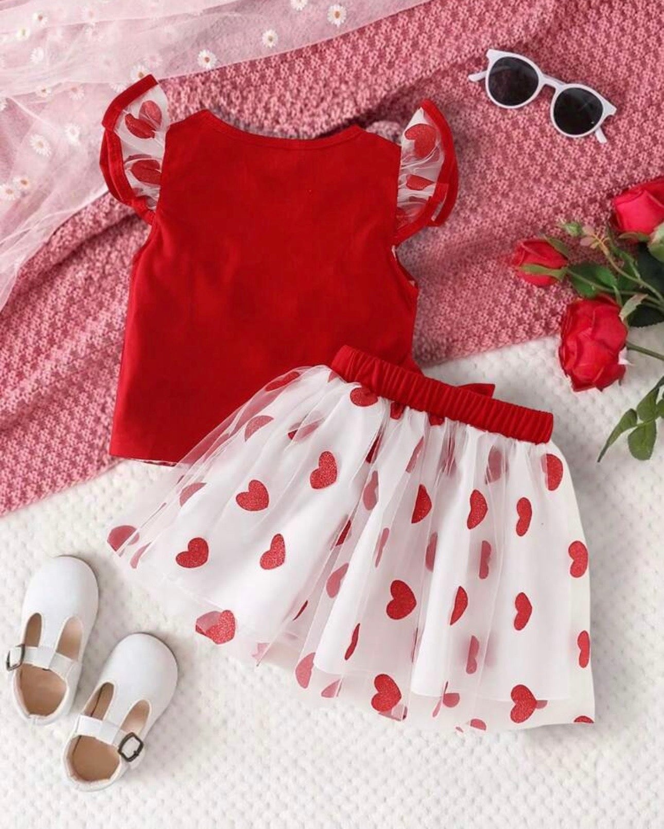 Girls 2pc Red Bow Top & Glitter Heart Tulle Skirt Set