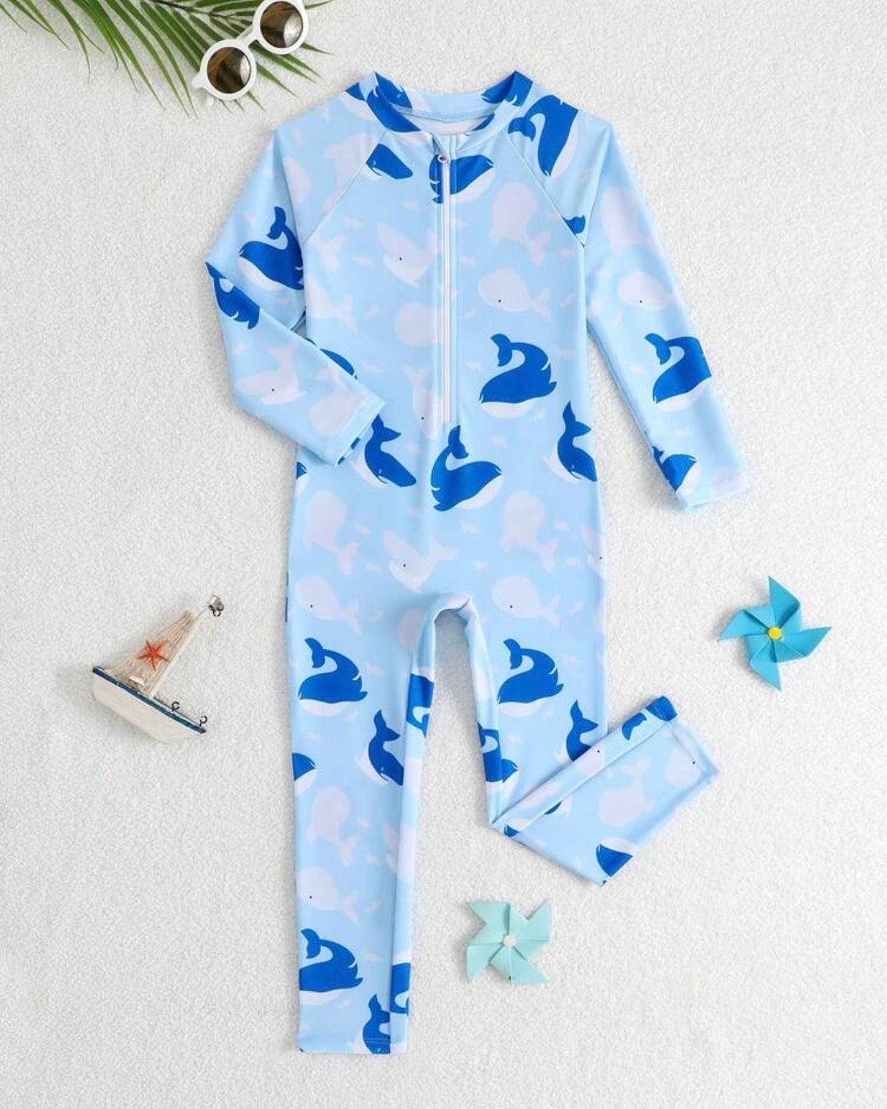 Boys Dolphin Print Long Sleeve One-Piece Swimsuit with Front Zipper