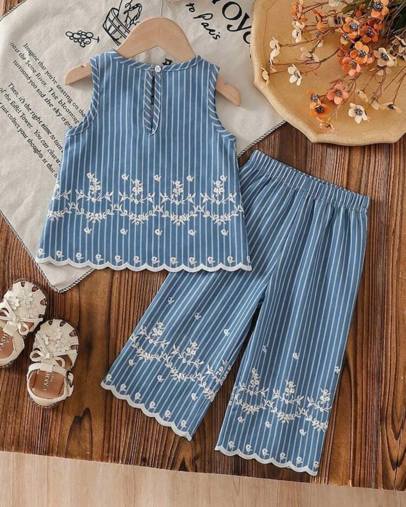 Baby Girls Blue Sleeveless Co-Ord Set – Printed Embroidered Hem Top & Wide-Leg Pants