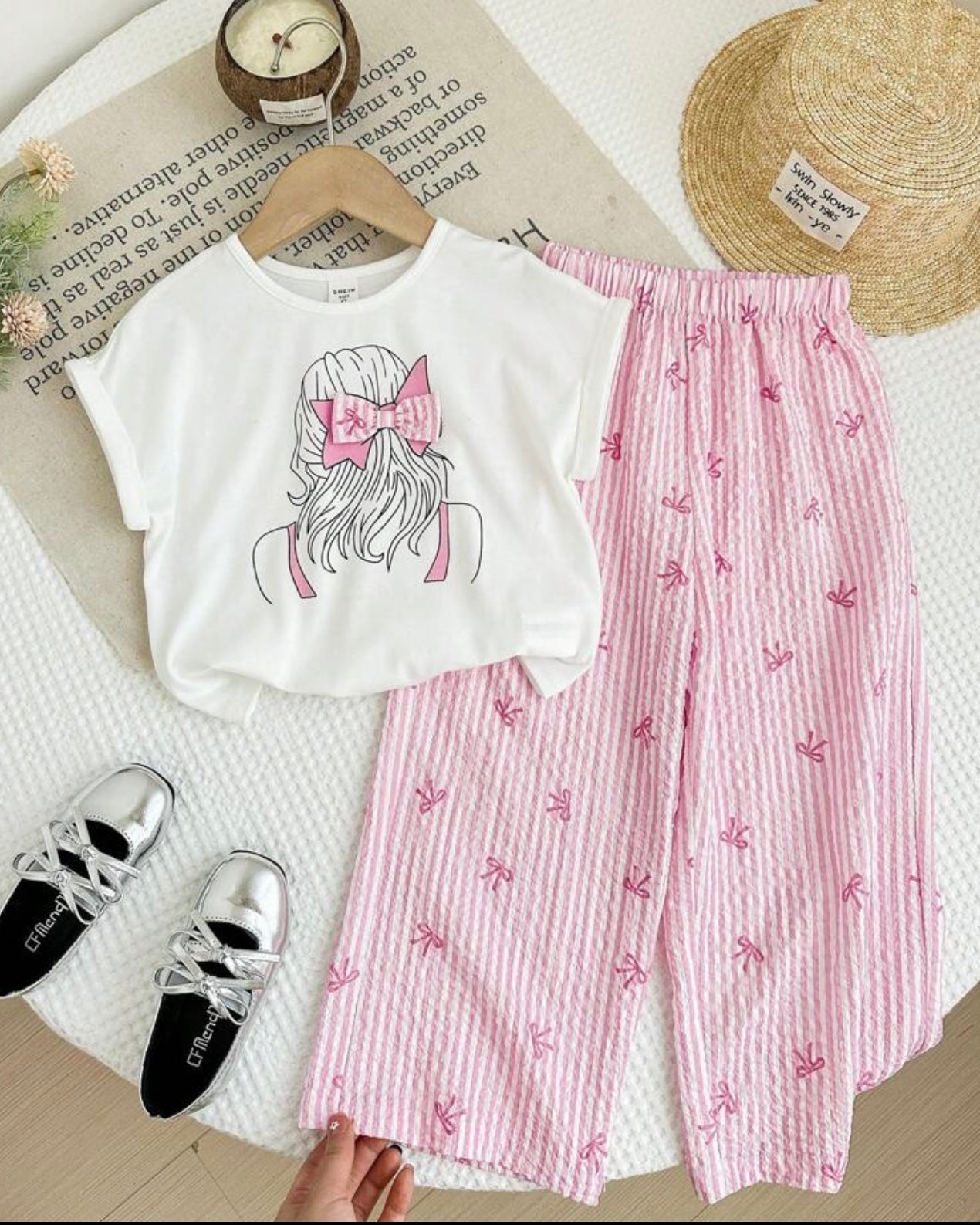 2 pcs White T-Shirt & Pink Bow Design Loose Pants