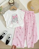 2 pcs White T-Shirt & Pink Bow Design Loose Pants