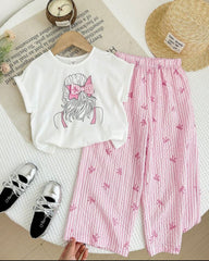 2 pcs White T-Shirt & Pink Bow Design Loose Pants
