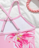 Young Girls Pink Floral Print One-Piece Swimsuit With Ruffle Skirt