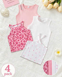 4pc Young Girl Summer Outfit Set – White & Pink Tank Tops