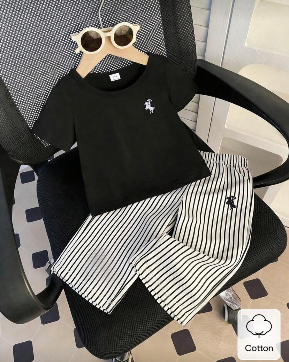 Black Shirt with Striped Pants Set