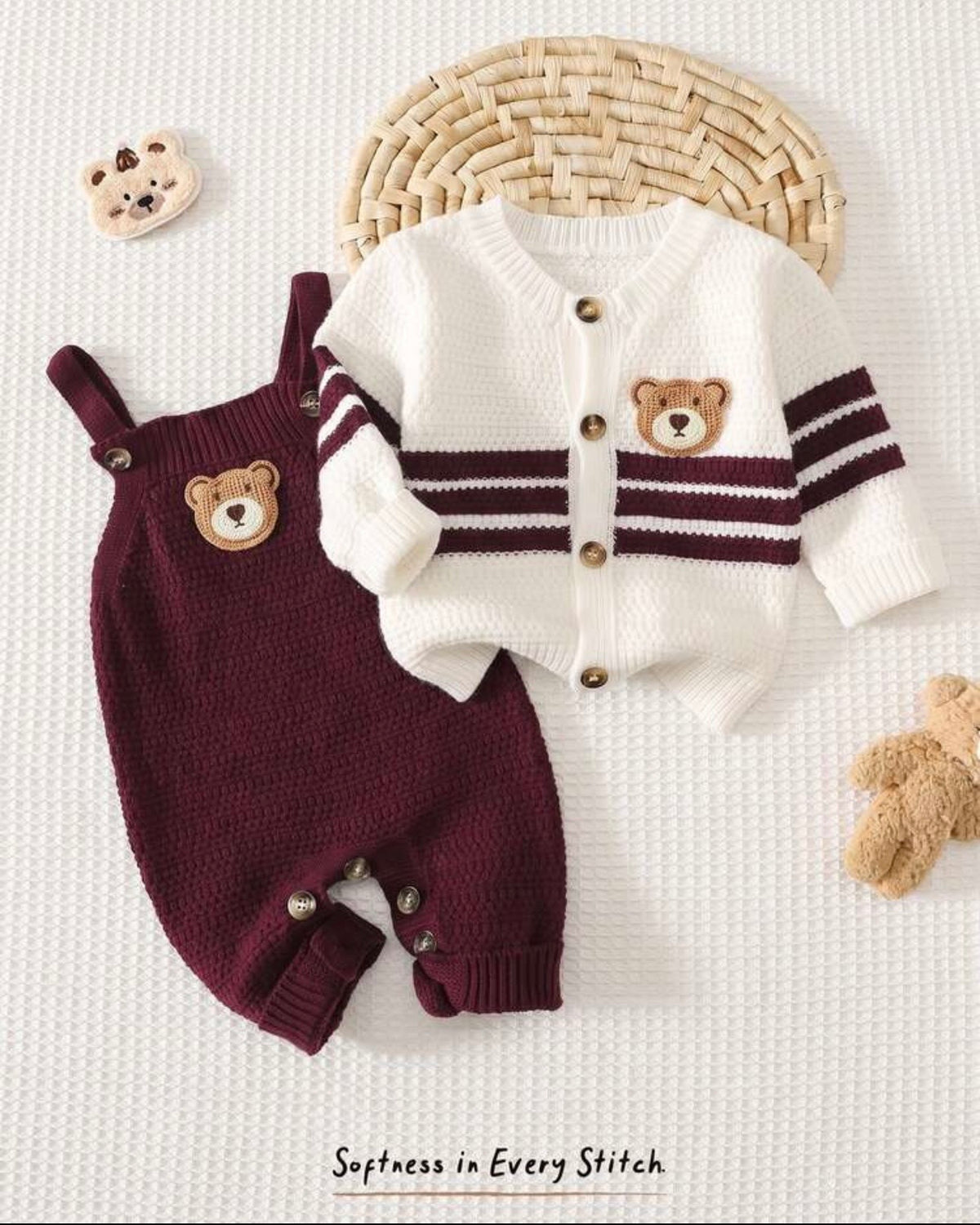 Newborn Baby Sweater Co-Ords Knit Cardigan & Burgundy Romper Set