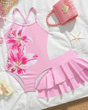 Young Girls Pink Floral Print One-Piece Swimsuit With Ruffle Skirt