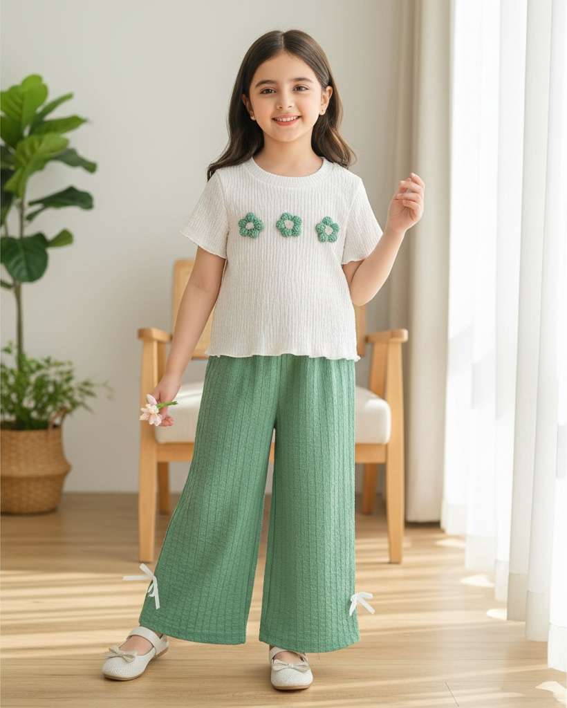 Girls Green and White 3D Floral Textured T-Shirt & Pants Set – 2pcs Casual Outfit