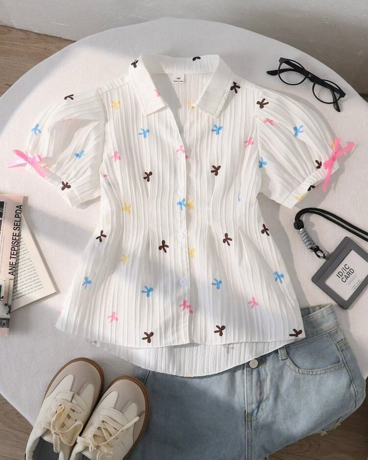 Tween Girls Bow Print Textured Puff Sleeve Shirt – Cinched Waist
