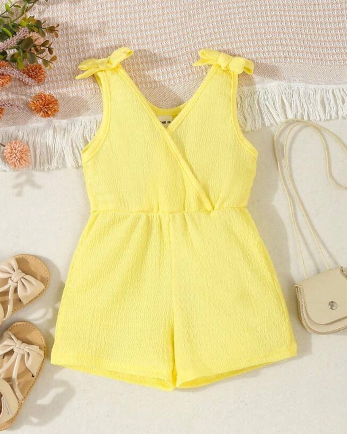 Baby Girl Summer Yellow Color Cross Wrap V-Neck Sleeveless Romper