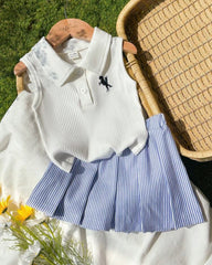 2pcs White Baby Girl Embroidery Sleeveless Top and Blue Striped Pleated Skirt