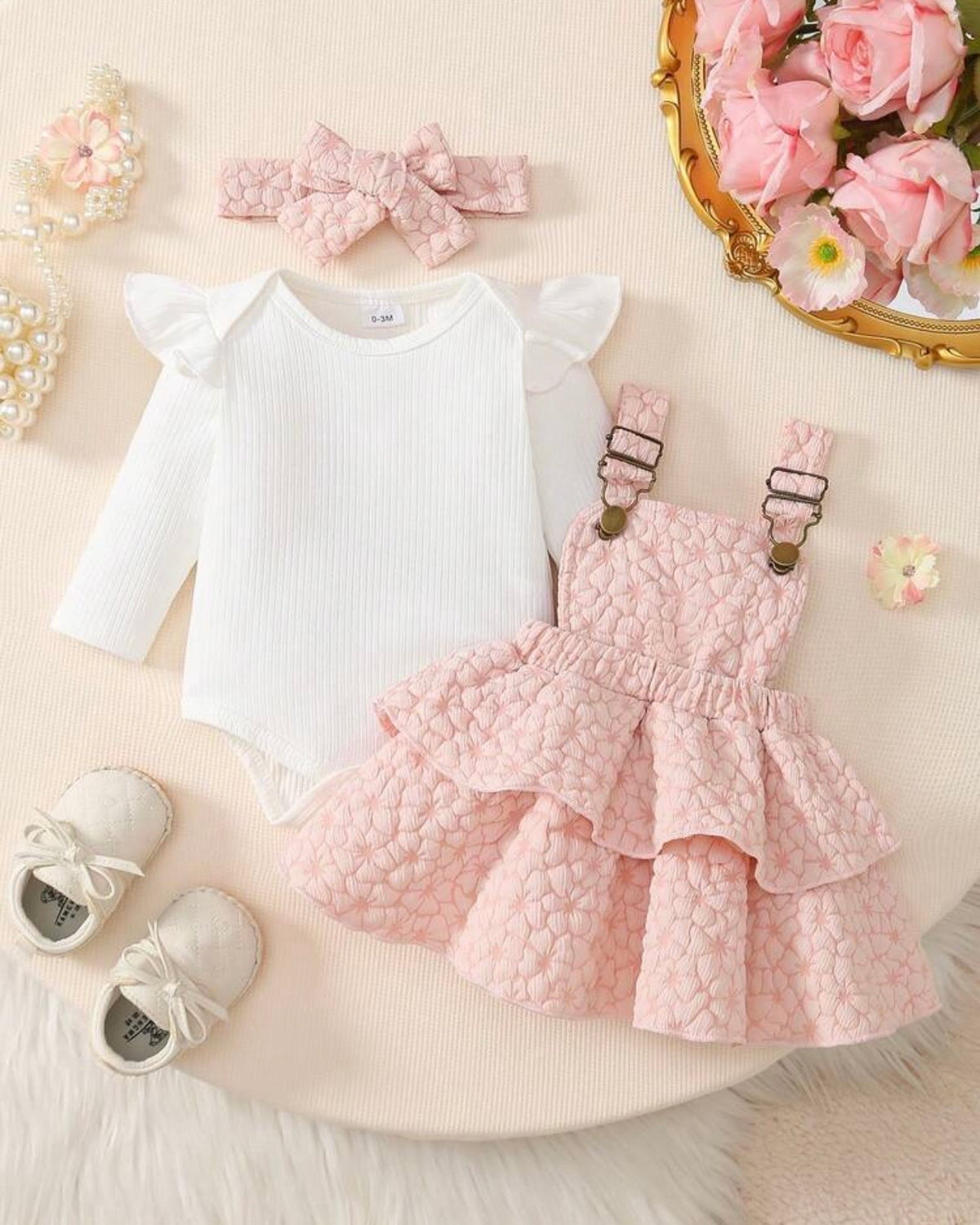 3PCS Baby Girl White Bodysuit, Pink Suspender Dress & Headband Set