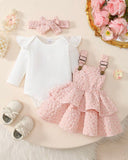 3PCS Baby Girl White Bodysuit, Pink Suspender Dress & Headband Set