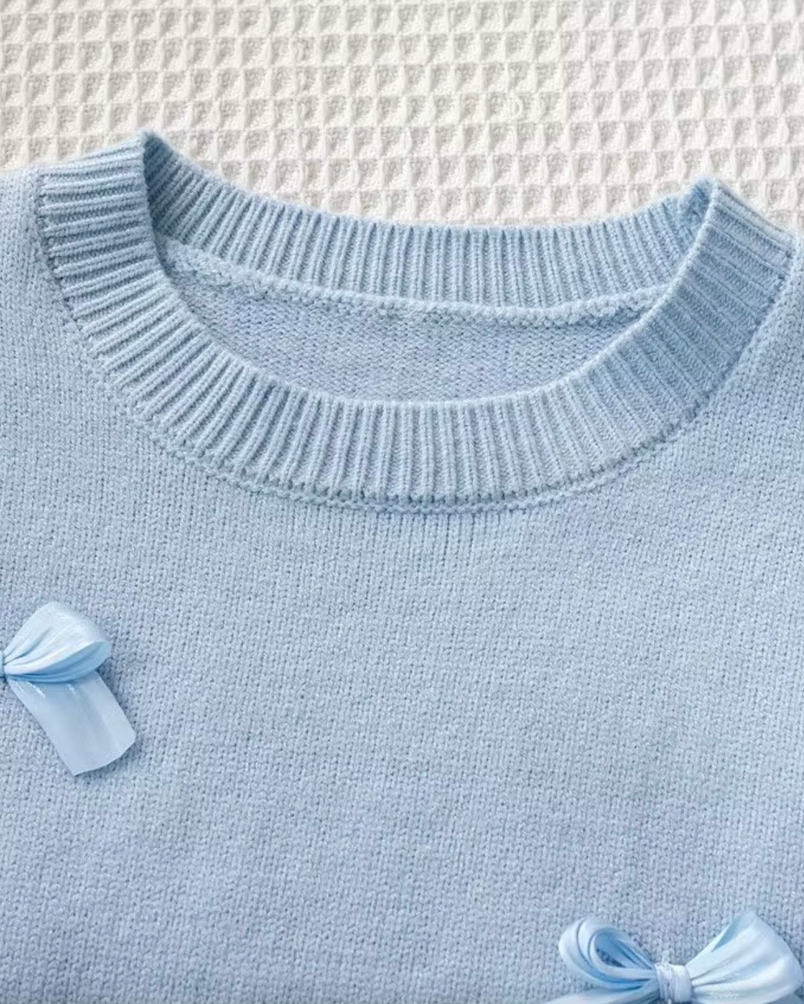 Girls’ Sky Blue Bow Jacquard Cardigan & Pleated Skirt Set