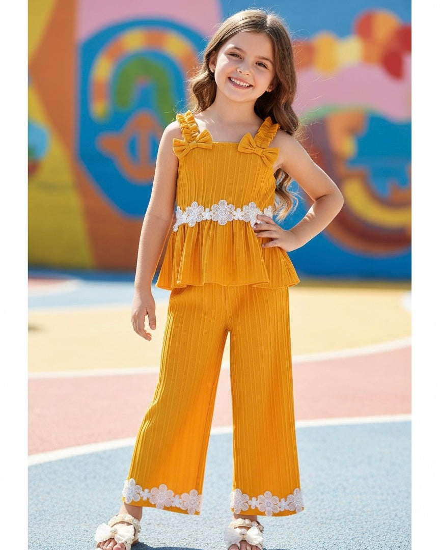 Striped 3D Bow Hollow Floral Sleeveless Top With Elastic Waist Mustard Colour Straight Leg Pants
