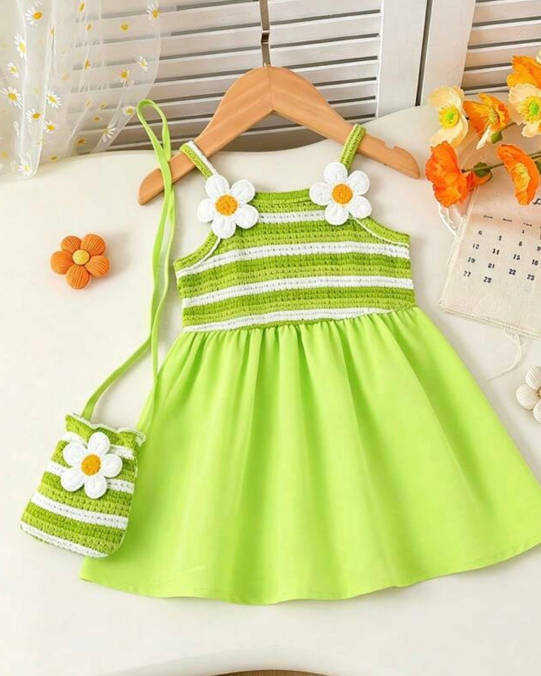 Green & White Floral Cami Dress with Matching Crossbody Bag