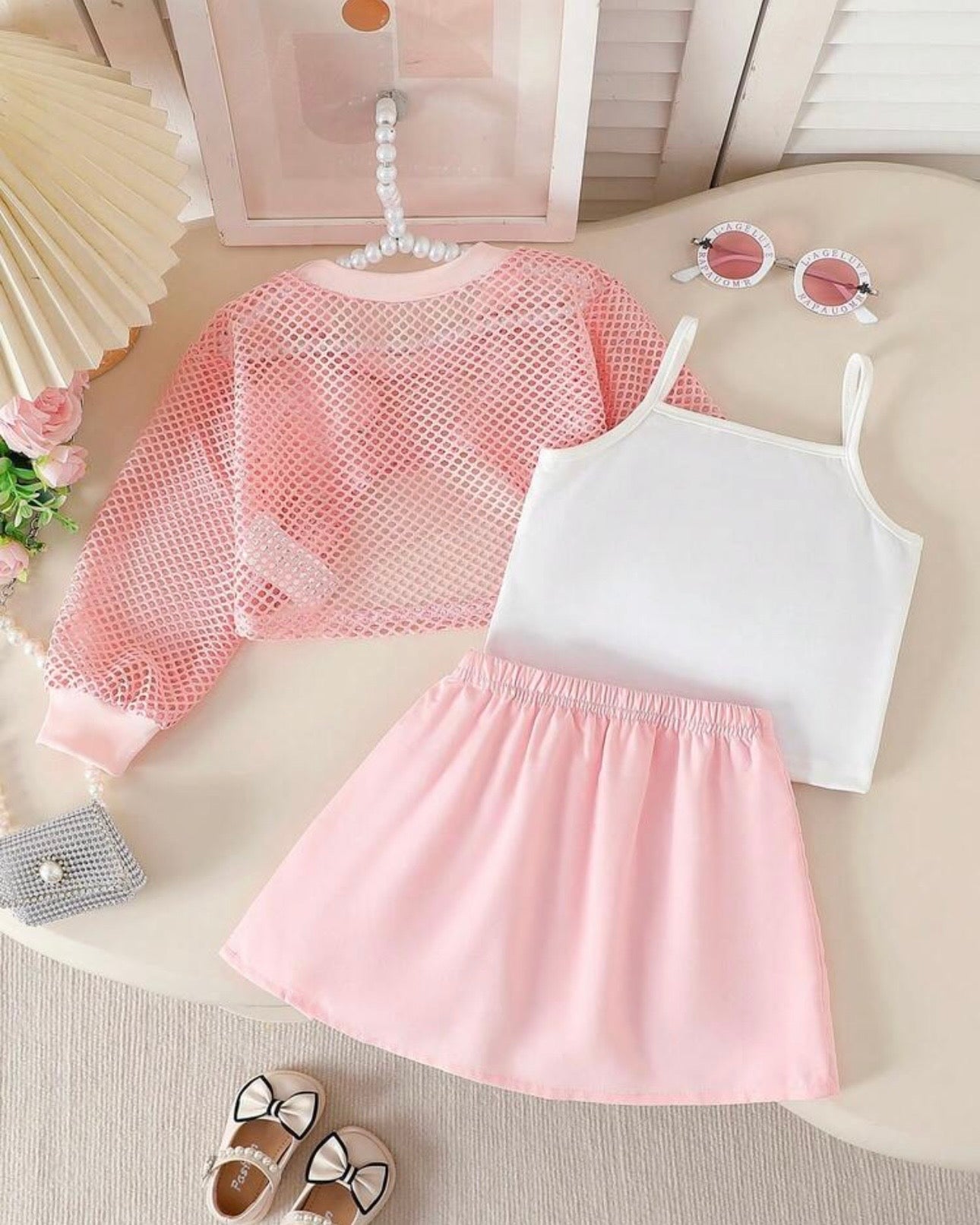 Baby Girls Pink 3PCS Elegant Outfit Set – Camisole, Pearl Flower Vest & Bow Pleated Skirt