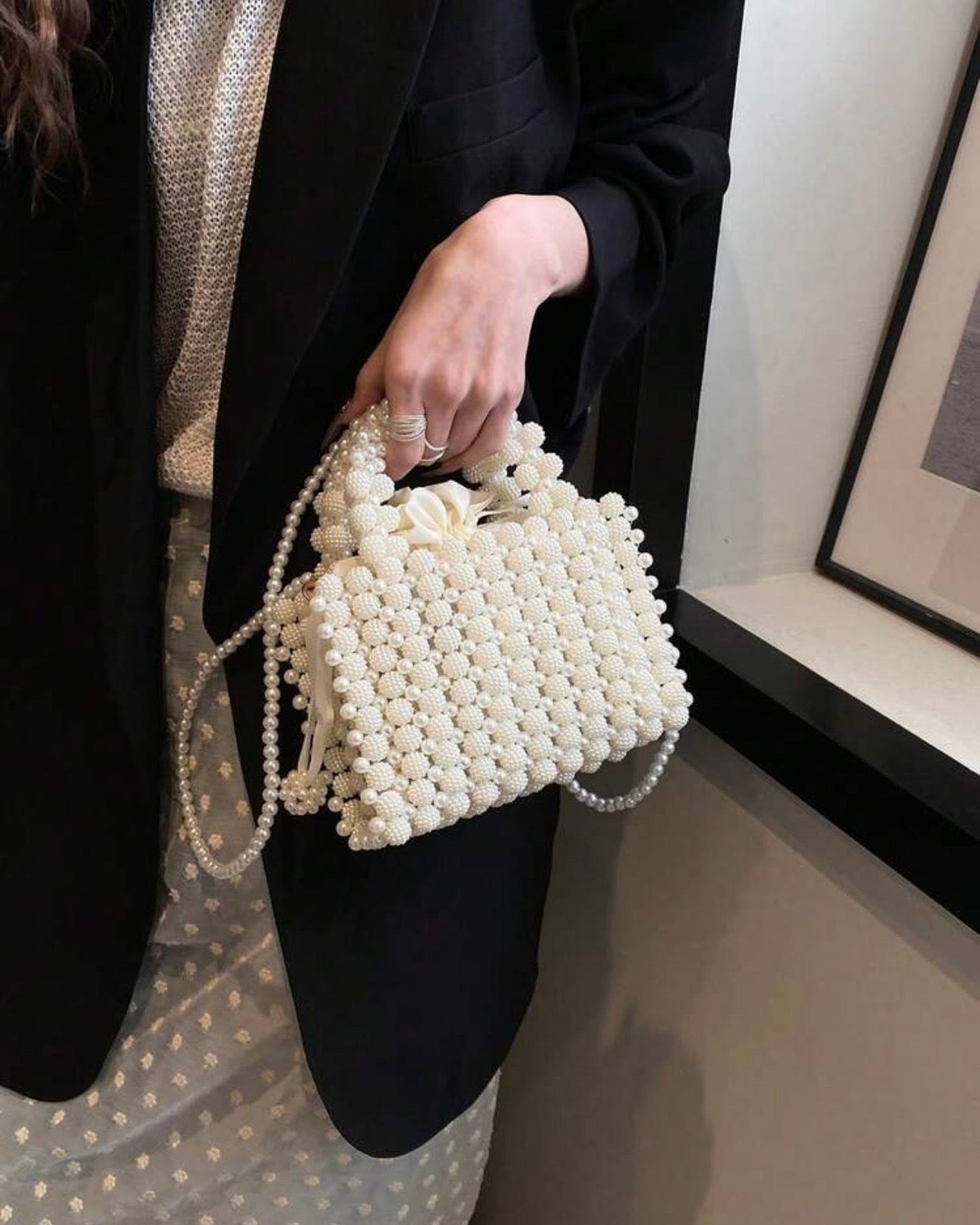 White Faux Pearl Handmade Beaded Crossbody statement Bag