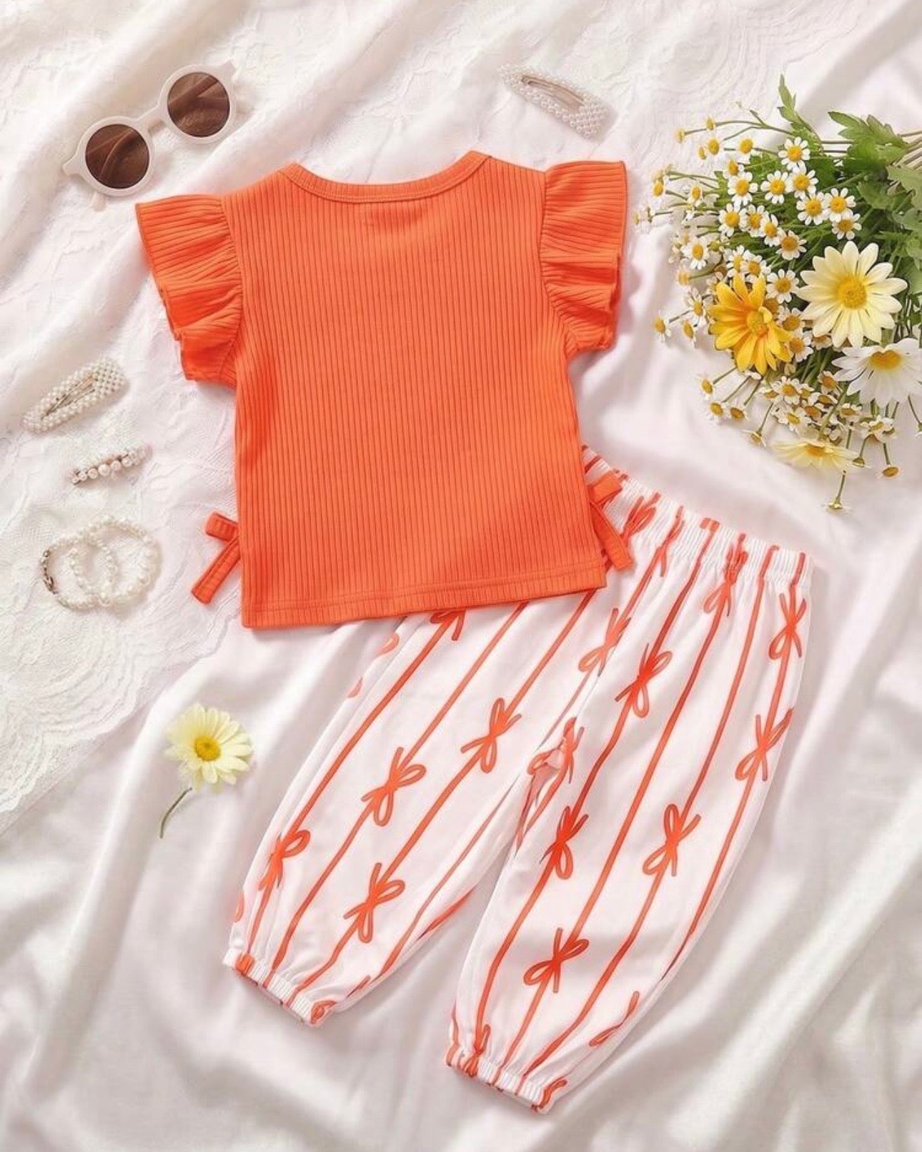 Baby Girls Orange Striped Ruffle Sleeve T-Shirt & Floral Pants Set