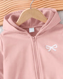 Young Girl Bow Print Hooded Zip-Up Cardigan