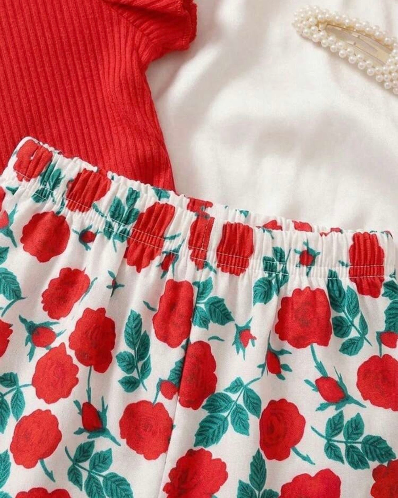 Baby Girls Red Striped Ruffle Sleeve T-Shirt & Floral Pants Set – 2pcs Summer Outfit