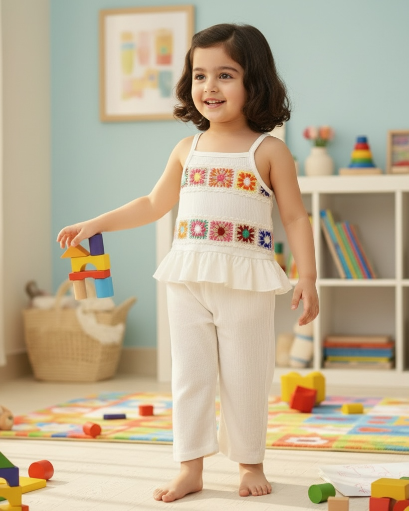 2Pcs Baby Girls Floral Crochet Top & Pants Set – Summer Outfit