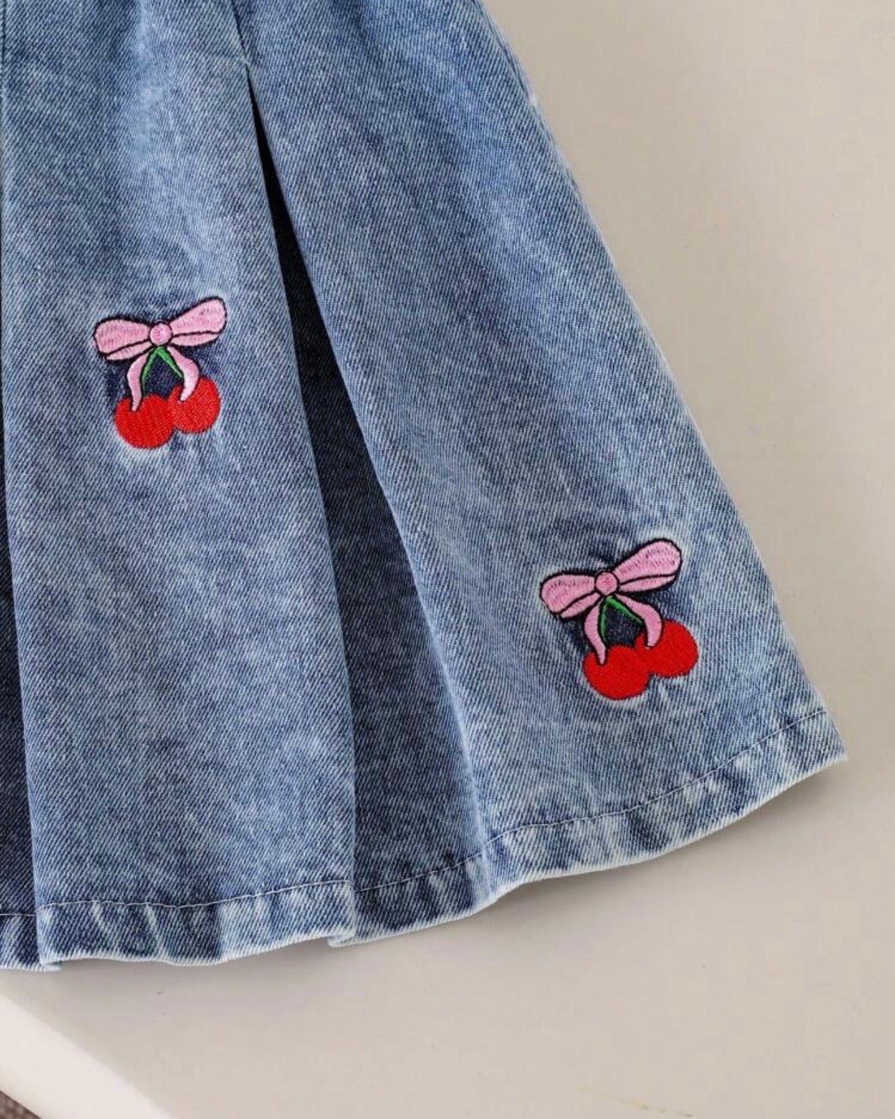 Girls Cherry Embroidered Top & Frilled Denim Skirt Set (3 Colours)