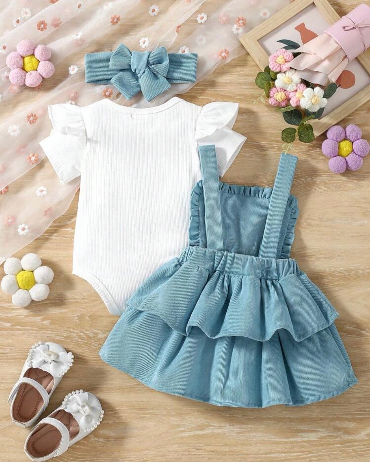 3pcs Baby Girls Set: Cap Sleeve Romper + Blue Floral Embroidered Ruffle Dress + Headband