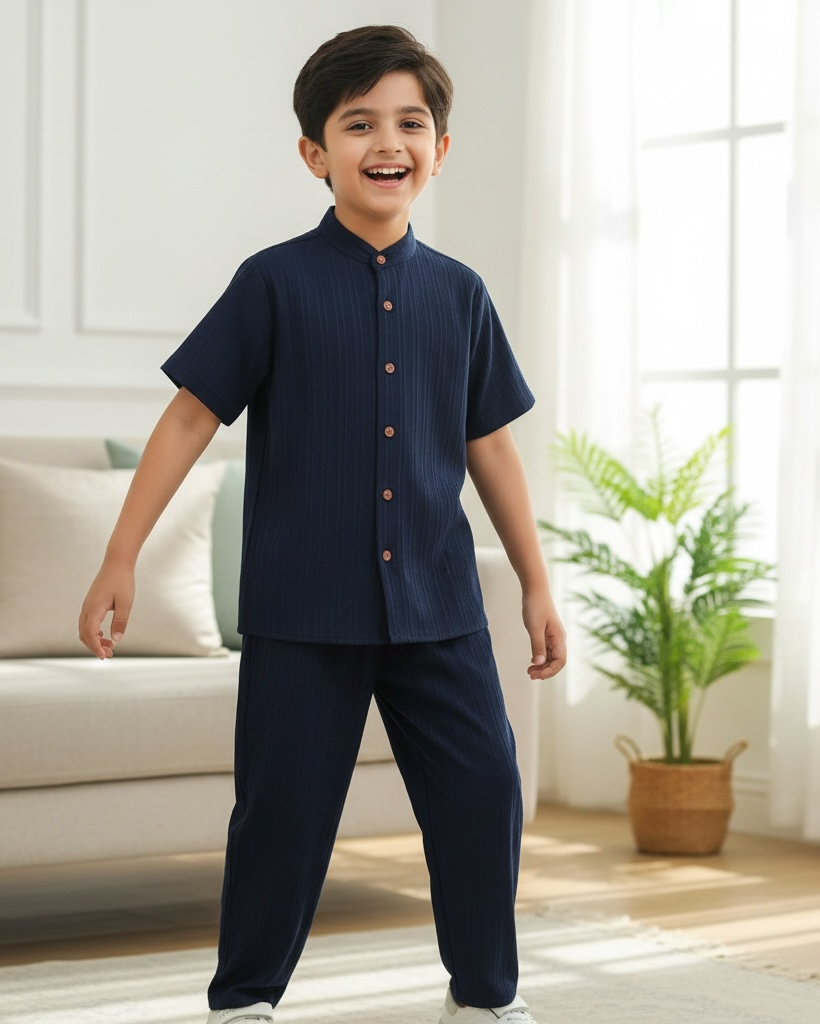 Tween Boys Navy Blue Textured Shirt & Trouser Set